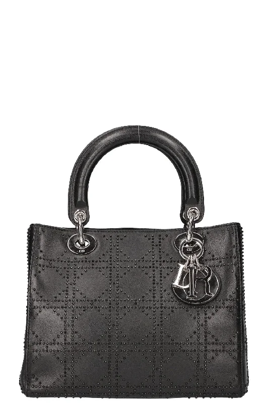 Stylish Christian Dior shoulder bags with a tassel - adorned zipperCHRISTIAN DIOR Lady Dior Cannage Studded Black