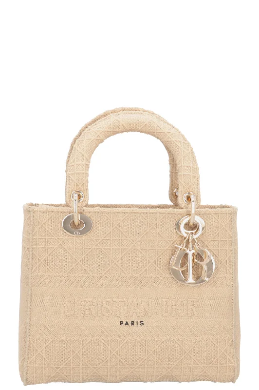 Christian Dior tote bags with a printed Dior logo on the frontCHRISTIAN DIOR Lady Dior D-Lite Cannage Canvas Sand