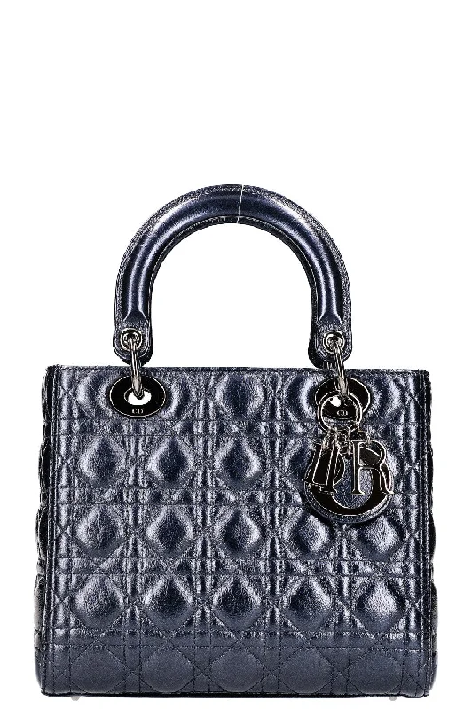 Stylish Christian Dior shoulder bags with a tassel - adorned zipperCHRISTIAN DIOR Lady Dior Medium Metallic Navy