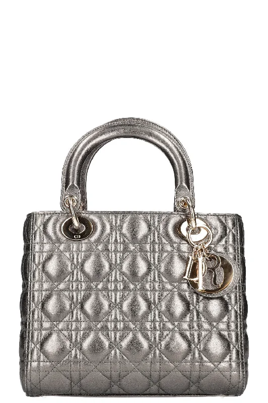 Christian Dior bags with a zip - top closure and multiple compartmentsCHRISTIAN DIOR Lady Dior Medium Silver