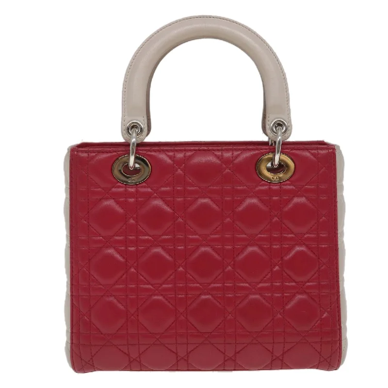 Christian Dior bags with a side - pocket for holding a water bottleCHRISTIAN DIOR Lady Dior Cannage Medium Hand Bag Lamb Skin Red White Auth 29502A