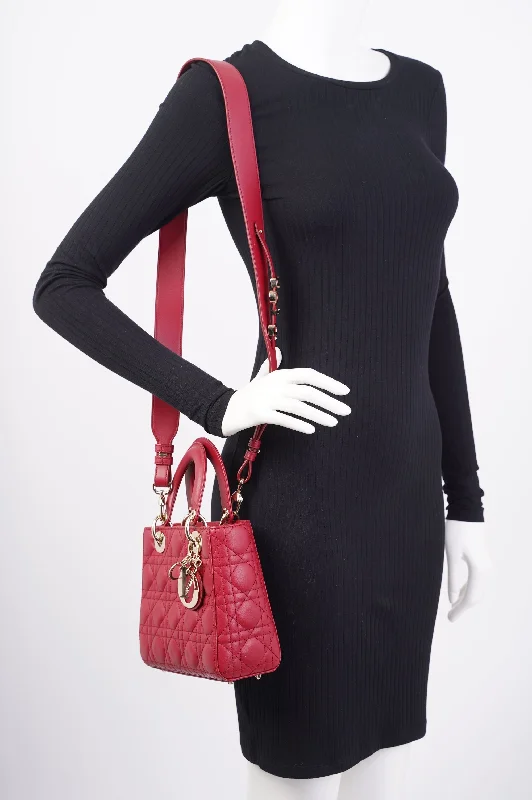 Christian Dior handbags with a snap - button closure and a decorative buckleChristian Dior Lady Dior Red Lambskin Leather Small