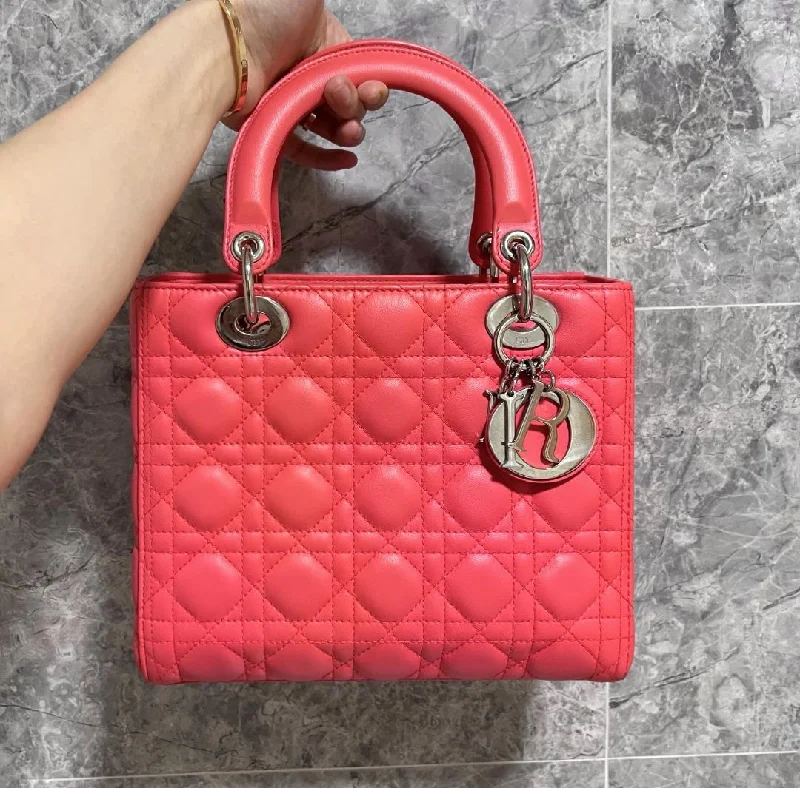 Christian Dior bags with a quilted pattern and gold - toned hardware[Clearance]Lady Medium Lambskin with Silver Hardware Pinkish Red