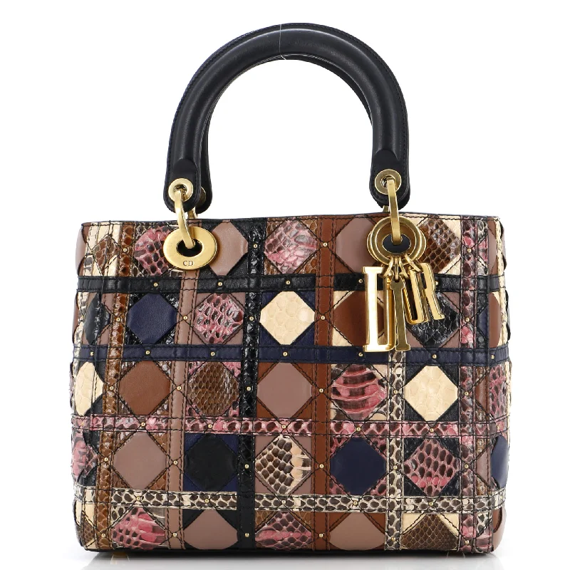 Christian Dior bags with a zip - top closure and multiple compartmentsSupple Lady Dior Bag Patchwork Cannage Leather and Exotics Medium