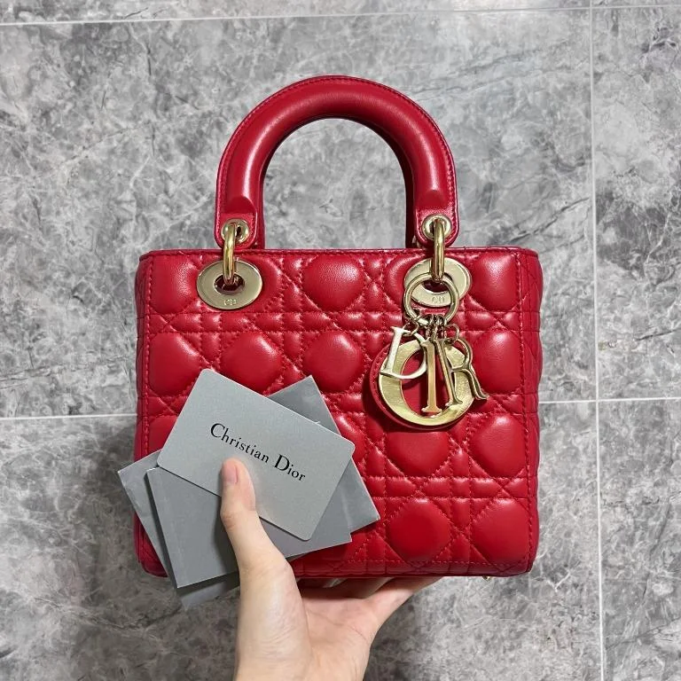 Christian Dior handbags with a detachable mirror for on - the - go touch - upsLady Small My ABC Dior Red Lambskin Gold Hardware